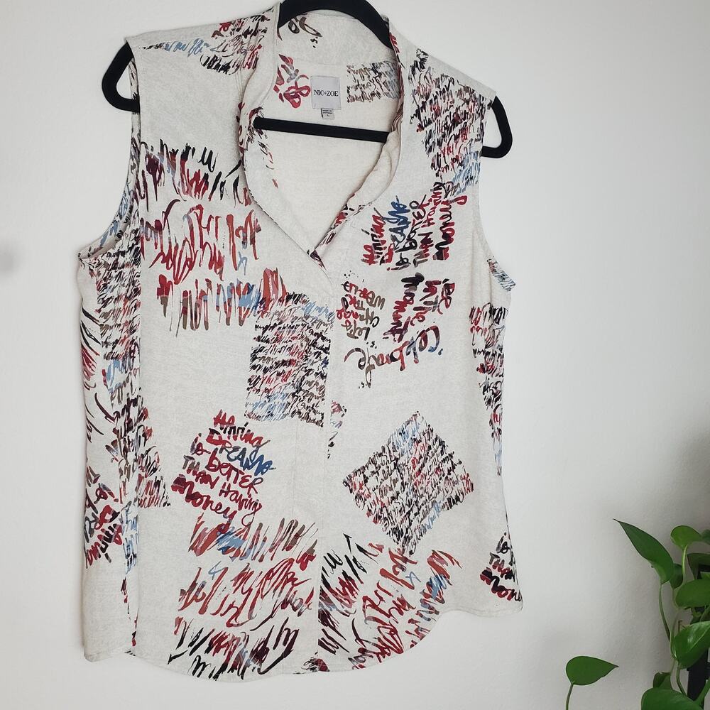 NIC+ZOE Scattered Letters Tank Top Blouse V-Neck Graffiti Print Cream Multi L